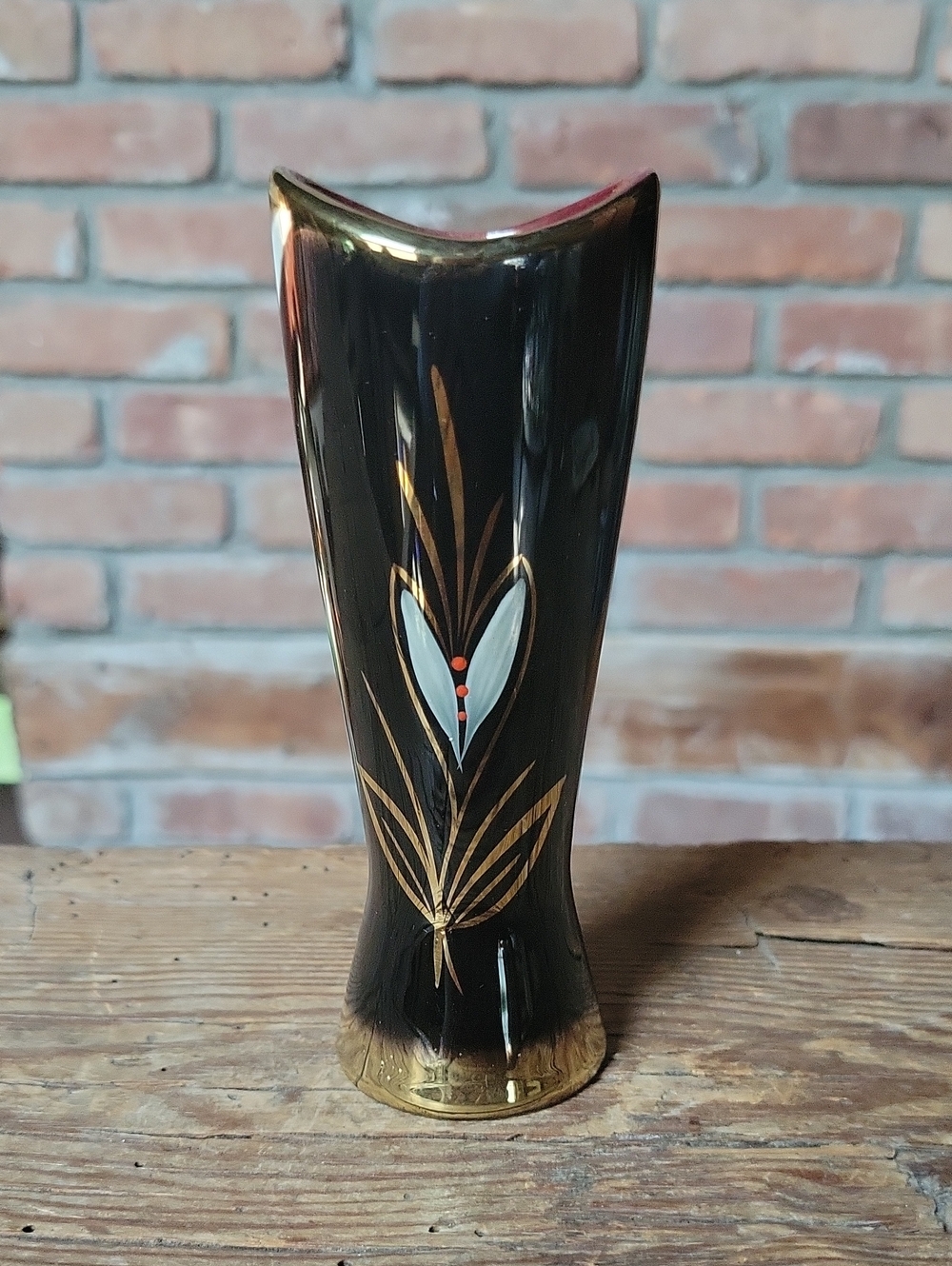 Vintage 1950s West German Art Pottery Vase 1029/14 Black Gold Atomic Mid Century